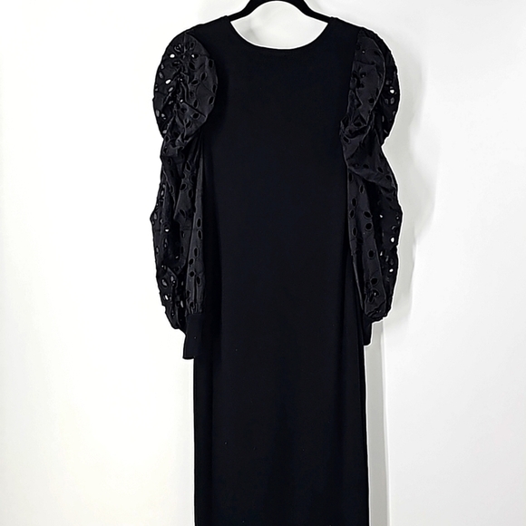 Express Black Bodycon Midi Sweater Dress w Puffed Cutout Scalloped Long Sleeves - Picture 13 of 17